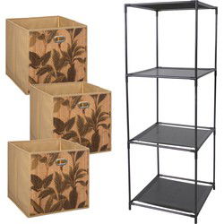 5Five Kastmandjes/opberg mandjes - lichtbruin print - 3x stuks van 29 Liter - Rekje is 34 x 104 cm - Opbergmanden
