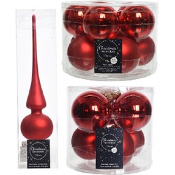 Glazen kerstballen pakket kerstrood glans/mat 32x stuks inclusief piek mat - Kerstbal