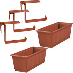 Set van 3 kunststof plantenbakken terracotta rechthoekig 40 cm met 6 verstelbare railingbeugels - Plantenbakken