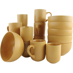 OTIX Koffiekopjes - Set van 12 - Cappuccino - Kopjes - 190ml - 300ml - met Set van 6 - Soepkommen - 600ml - Mustard yellow - SPRUCE