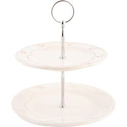 Clayre & Eef Etagère 2 laags  23 cm Beige Keramiek Rond Roosjes Taartplateau