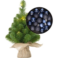 Mini kunst kerstboom - H45 cm - met leds en kerstballen - donkerblauw - Kunstkerstboom