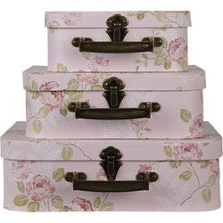 Clayre & Eef Decoratie Koffer Set van 3 Roze Karton Bloemen