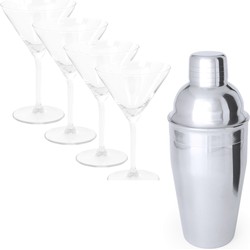 4x Cocktailglazen / martiniglazen 260 ml + cocktailshaker semi-matte 550 ml RVS - Cocktailglazen