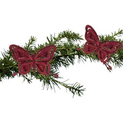 2x stuks kerstboom decoratie vlinders op clip glitter bordeaux rood 14 cm - Kersthangers