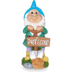 Giftdecor Tuinkabouter beeldje met Welcome bord - Polyresin - muts blauw - 27 cm - decoratie dwerg - Tuinbeelden