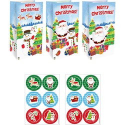 Decopatent® 12 STUKS Traktatie Uitdeel papieren zakjes - Inclusief Stickers - KERST - Merry Christmas - Tasjes - Traktatiezakjes voor uitdeelcadeautjes - Kinderfeestje - 13x8x25 Cm