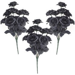 3x Bosje met 12 zwarte rozen halloween decoratie 38 cm - Kunstbloemen