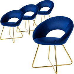 Eetkamerstoel set van 4 met ronde rugleuning blauw fluweel met gouden metalen poten ML design