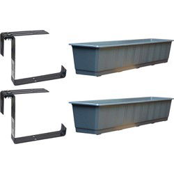 Set van 2 kunststof plantenbakken grijs rechthoekig 80 cm met 4 verstelbare railing beugels - Plantenbakken