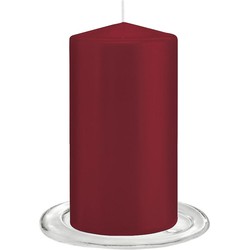 Trend Candles - Stompkaarsen met glazen onderzetters set van 2x stuks - bordeaux rood 8 x 15 cm - Stompkaarsen