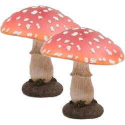 2x stuks vliegenzwam paddenstoelen tuinbeeldje 15 cm - Tuinbeelden