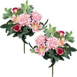 Louis Maes Kunstbloemen boeket roos/hortensia/lelie - 2x -roze - 39cm - Kunstbloemen
