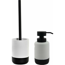 Toiletborstel met houder 38 cm en zeeppompje 300 ml keramiek wit/zwart - Badkameraccessoireset