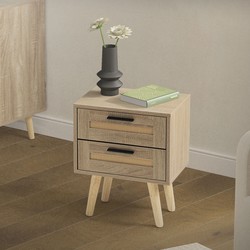 Nachtkastje 40x50,5x30 cm eikenlook bijzettafel met 2 laden en rotan front & massief houten poten ML design