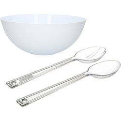 Salade serveer schaal - wit - kunststof - Dia 25 cm - inclusief sla couvert/bestek - Serveerschalen