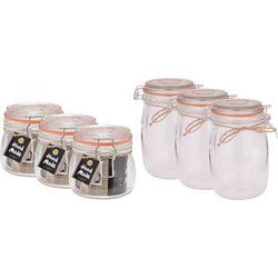 Weckpotten/inmaakpotten - set 6x - 500/1000 ml - glas - met beugelsluiting - 2 formaten - Voorraadpot