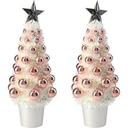 2x stuks complete mini kunst kerstboompje/kunstboompje zalm roze met kerstballen 29 cm - Kunstkerstboom