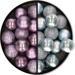 28x stuks kleine kunststof kerstballen lila paars en lichtblauw 3 cm - Kerstbal