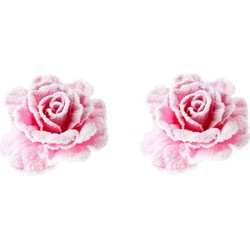 2x stuks roze decoratie rozen sneeuw op clip 10 cm - Kersthangers