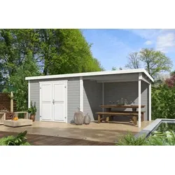 Outdoor Life blokhut Kjeld met overkapping, platinum grey-wit, 550 x 250 cm