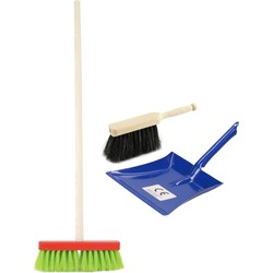 Speelgoed schoonmaak set stoffer en blik blauw met gekleurde bezem - Stoffer en blik