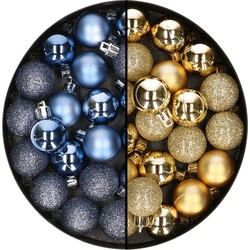 40x stuks kleine kunststof kerstballen donkerblauw en goud 3 cm - Kerstbal