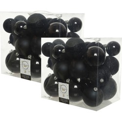 52x stuks kunststof kerstballen zwart 6-8-10 cm glans/mat/glitter - Kerstbal