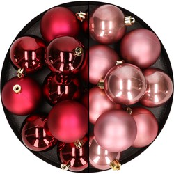 24x stuks kunststof kerstballen mix van donkerrood en oudroze 6 cm - Kerstbal