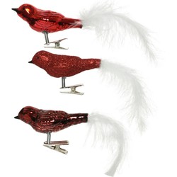 3x stuks glazen decoratie vogels op clip glans/glitter rood 8 cm - Kersthangers