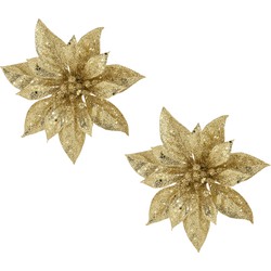 2x stuks decoratie bloemen kerstster goud glitter op clip 15 cm - Kunstbloemen