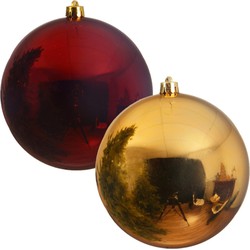 Kerstversieringen set van 6x grote kunststof kerstballen rood en goud 14 cm glans - Kerstbal