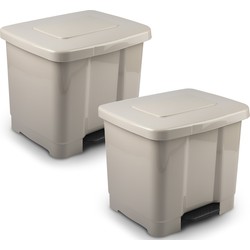2x Stuks dubbele/2-vaks afvalemmer/vuilnisemmer taupe 35 liter met deksel en pedaal - Pedaalemmers
