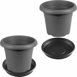 2x stuks bloempotten met onderschaal antraciet grijs rond diameter 35 cm - Plantenpotten