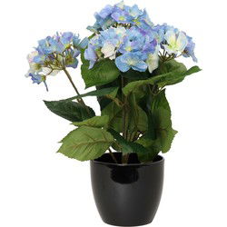 Hortensia kunstplant met bloemen blauw - in pot zwart - 40 cm hoog - Kunstplanten