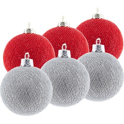 6x Rood/zilveren Cotton Balls kerstballen decoratie 6,5 cm - Kerstbal