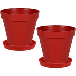 Set van 2x stuks bloempotten Toscane kunststof rood D30 x H26 cm inclusief onderschalen D23 cm - Plantenpotten