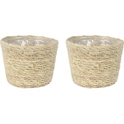 Set van 2x stuks plantenpot/bloempot van jute/zeegras diameter 13 cm en hoogte 10 cm creme beige - Plantenpotten