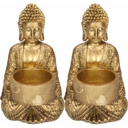 2x Decoratie boeddha beeldjes met theelichthouder goud zittend 14 cm - Waxinelichtjeshouders