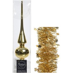 Kerstversiering glazen piek glans 26 cm en sterren folieslingers pakket goud van 3x stuks - kerstboompieken