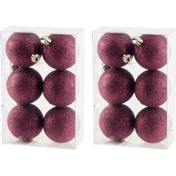 12x Glitter kerstballen aubergine roze 6 cm kerstboomversiering - Kerstbal