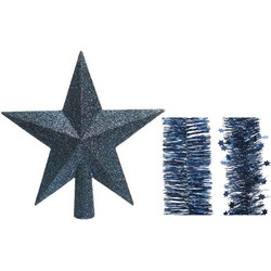 Kerstversiering kunststof glitter ster piek 19 cm en folieslingers pakket donkerblauw van 3x stuks - kerstboompieken