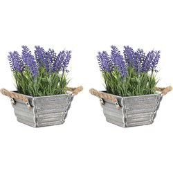 Items Lavendel bloemen kunstplant in bloempot - 2x - paarse bloemen - 15 x 20 cm - bloemstukje - Kunstplanten