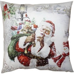 Clayre & Eef Kussenhoes  45x45 cm Wit Rood Polyester Kerstman Sierkussenhoes