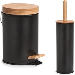 Badkamer/toilet set - WC-borstel en pedaalemmer - metaal - zwart - Badkameraccessoireset