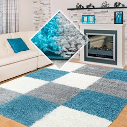 Tapijtenloods Basic Shaggy Geblokt vloerkleed Turquoise / Wit Hoogpolig- 80x150 CM