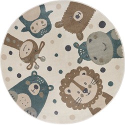 Rond Kindervloerkleed - Dieren Adventures Crème/ Bruin/Blauw - Ø 100 CM