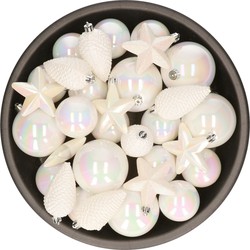 Kerstversiering kunststof kerstballen parelmoer wit 6-8-10 cm pakket van 68x stuks - Kerstbal