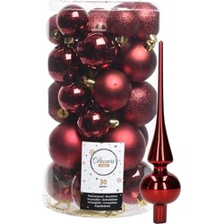 Decoris kerstballen 30x stuks - donkerrood 4/5/6 cm kunststof mat/glans/glitter mix en piek - Kerstbal