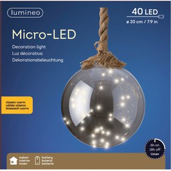 1x stuks verlichte glazen kerstballen aan touw met 40 lampjes zilver/warm wit 20 cm - kerstverlichting figuur